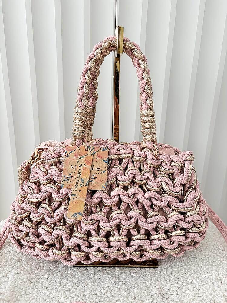 Mandoline torebka mini shopper różowa ze złotym plecionka