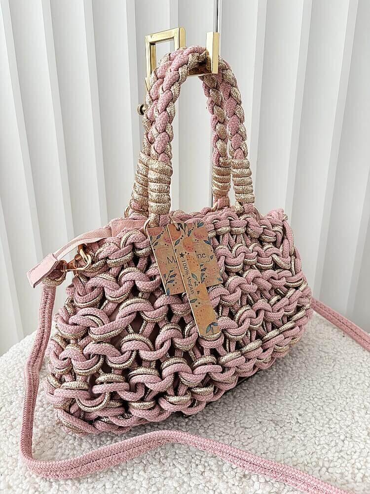 Mandoline torebka mini shopper różowa ze złotym plecionka