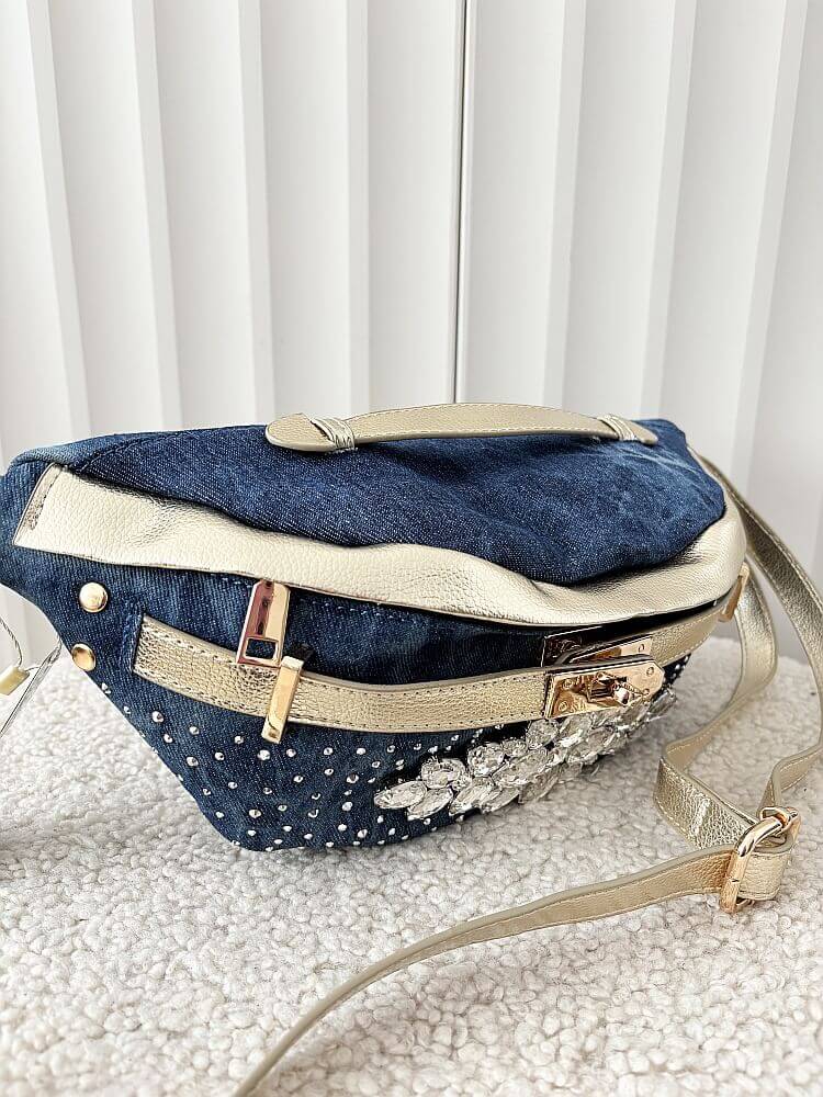 Massimo Contti torebka nerka jeans niebieska ze złotym kryształki
