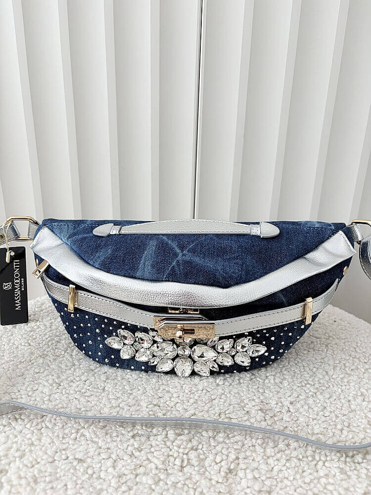 Massimo Contti torebka nerka jeans niebieska ze srebrnym kryształki