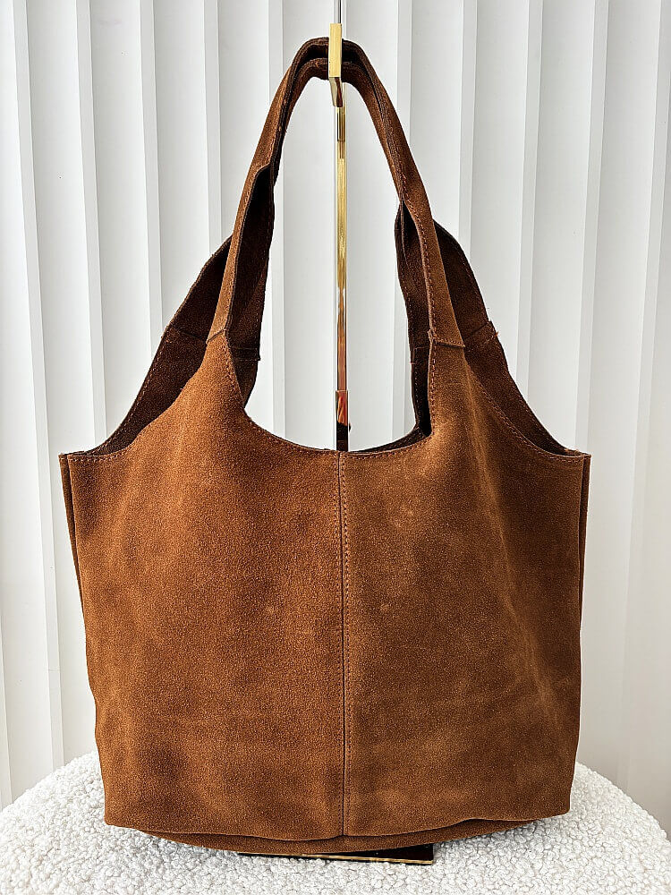 Torebka shopperka na ramię zamszowa camelowa z przeszyciem