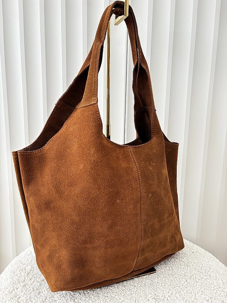 Torebka shopperka na ramię zamszowa camelowa z przeszyciem