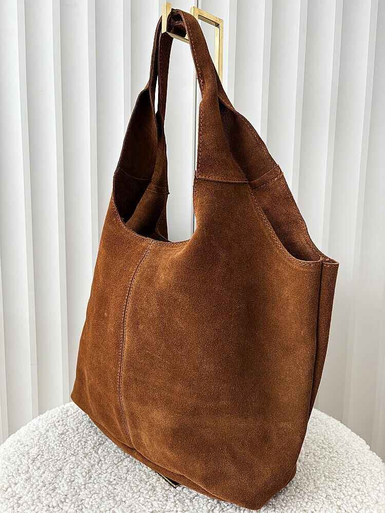 Torebka shopperka na ramię zamszowa camelowa z przeszyciem