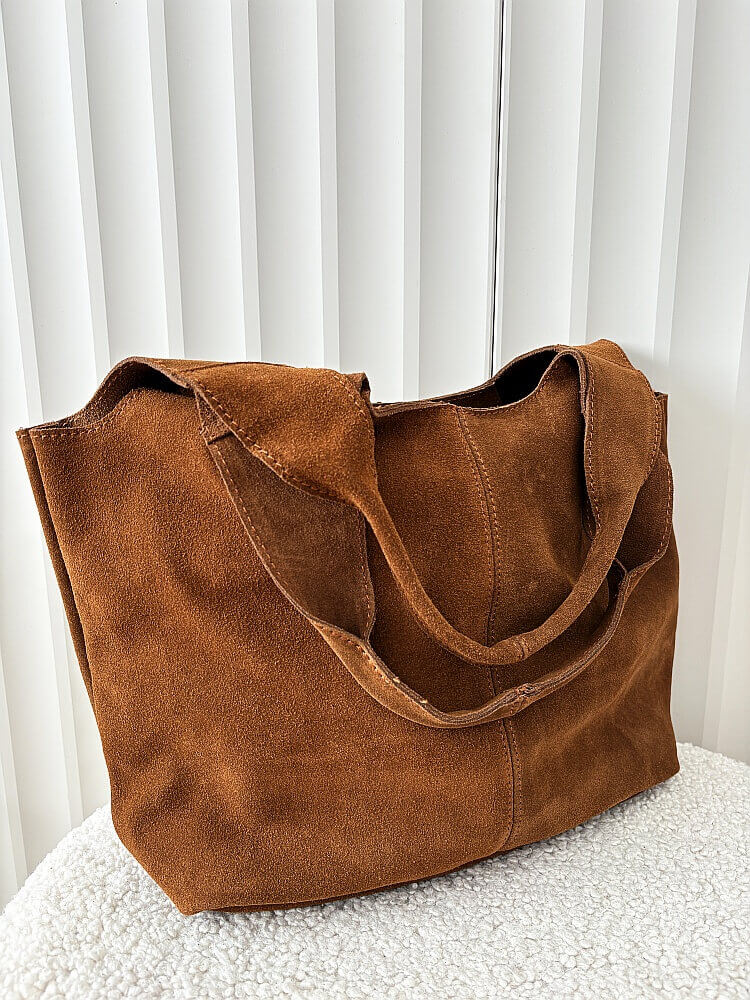 Torebka shopperka na ramię zamszowa camelowa z przeszyciem