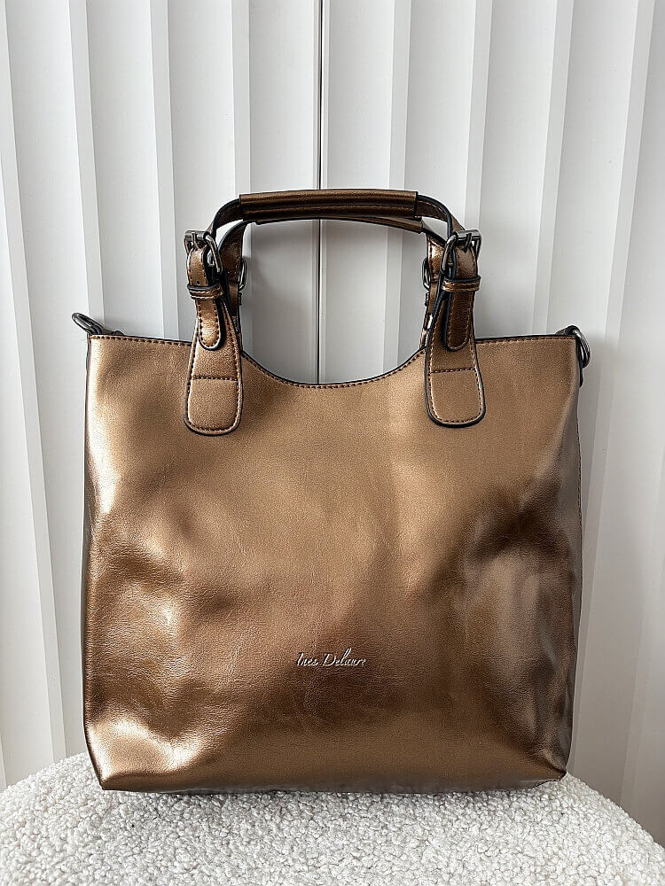 Ines Delaure torebka shopper ciemnobeżowa metaliczna