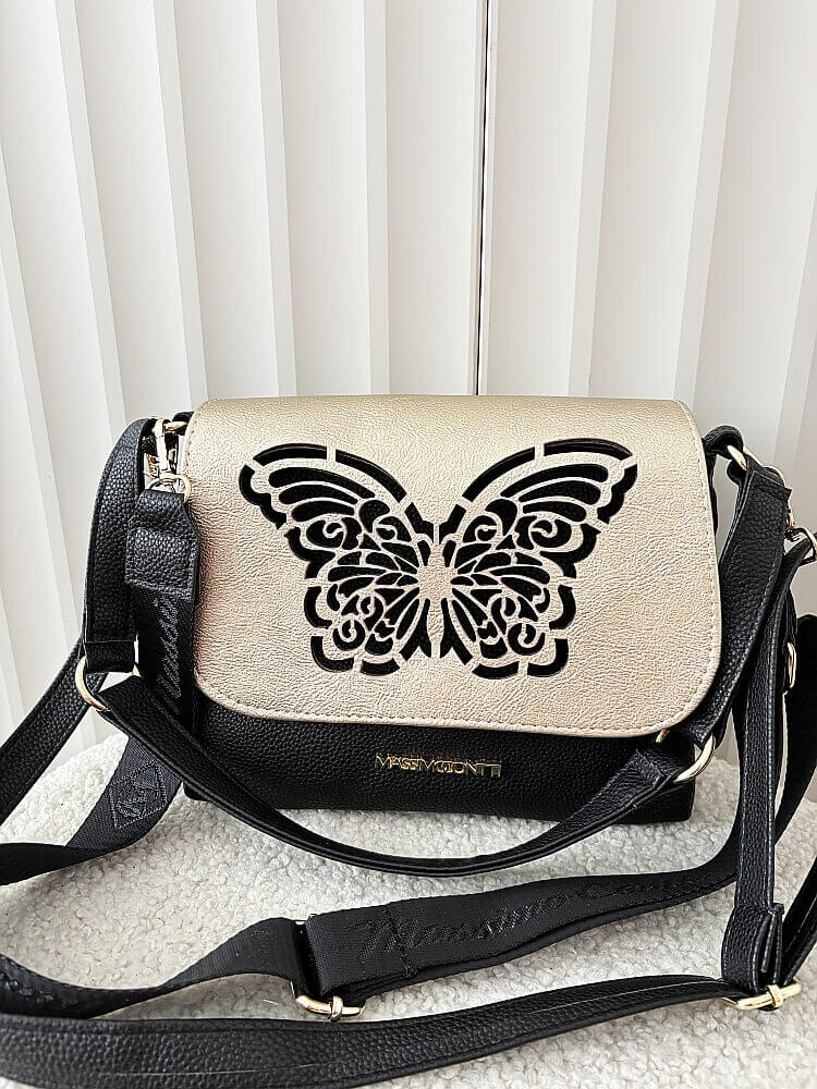 Massimo Contti torebka listonoszka czarna ze złotym z klapką trzykomorowa ażurowa