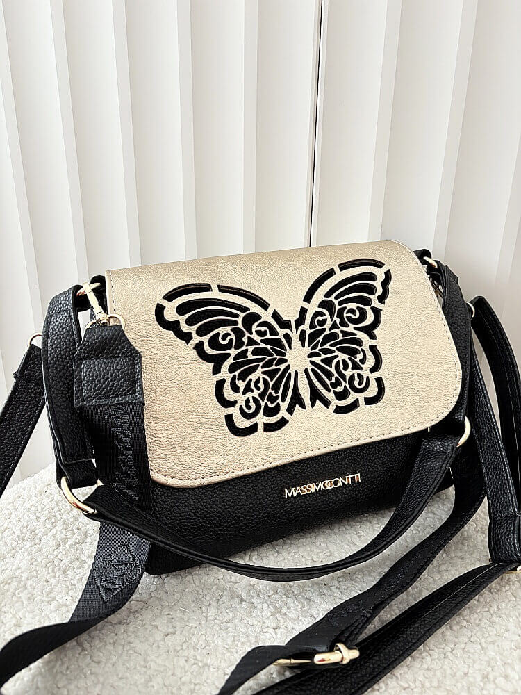 Massimo Contti torebka listonoszka czarna ze złotym z klapką trzykomorowa ażurowa