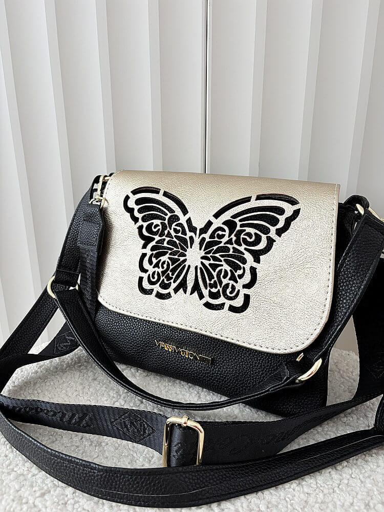 Massimo Contti torebka listonoszka czarna ze złotym z klapką trzykomorowa ażurowa