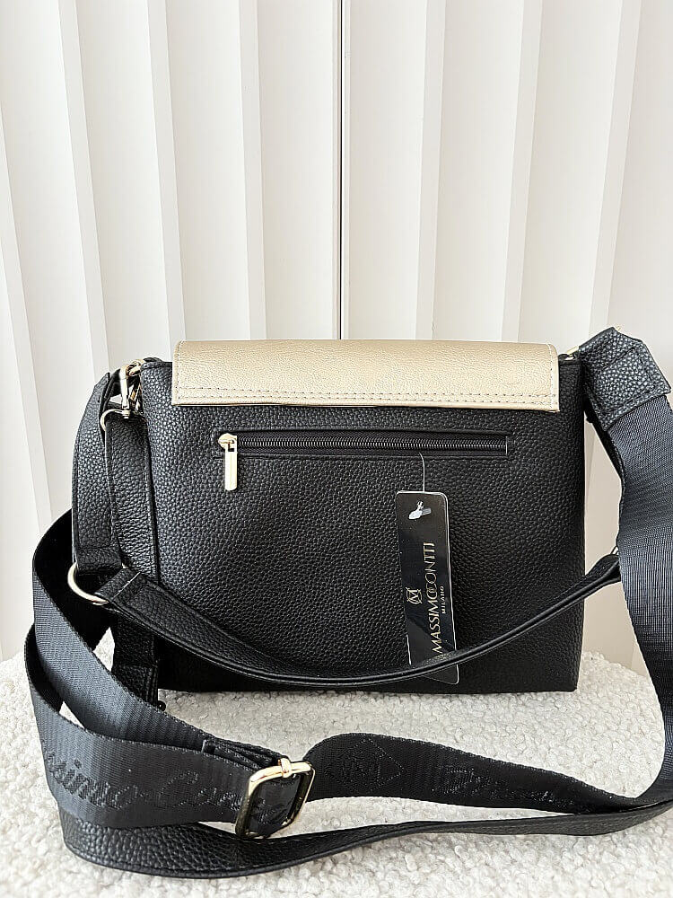 Massimo Contti torebka listonoszka czarna ze złotym z klapką trzykomorowa ażurowa