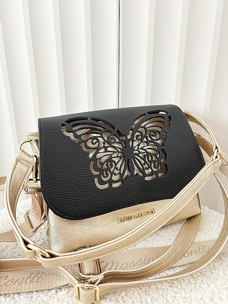 Massimo Contti torebka listonoszka złota z czarnym z klapką trzykomorowa ażurowa