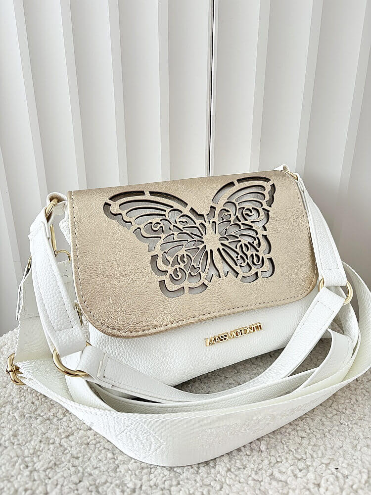 Massimo Contti torebka listonoszka biała ze złotym z klapką trzykomorowa ażurowa