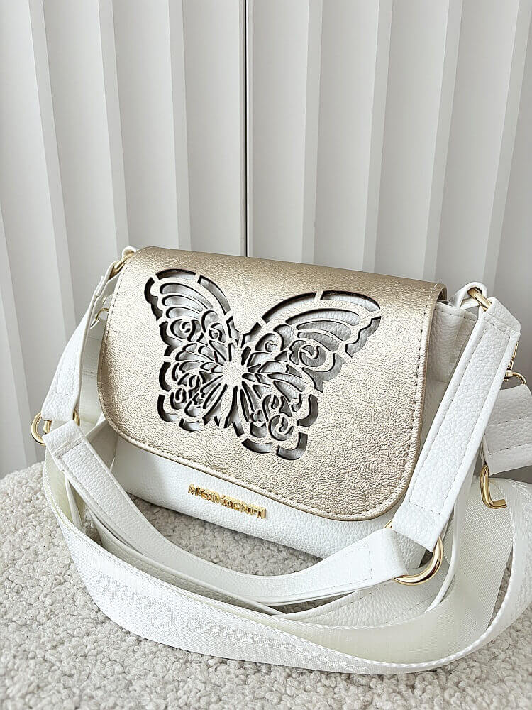 Massimo Contti torebka listonoszka biała ze złotym z klapką trzykomorowa ażurowa