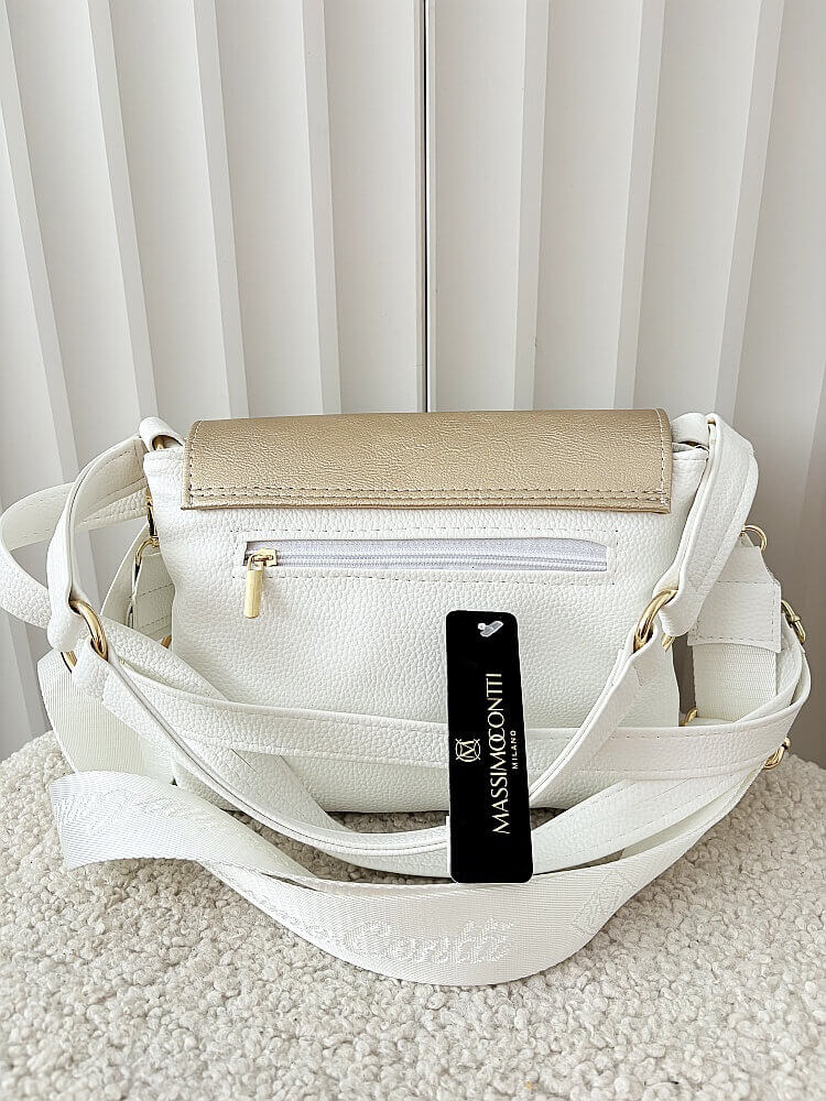 Massimo Contti torebka listonoszka biała ze złotym z klapką trzykomorowa ażurowa