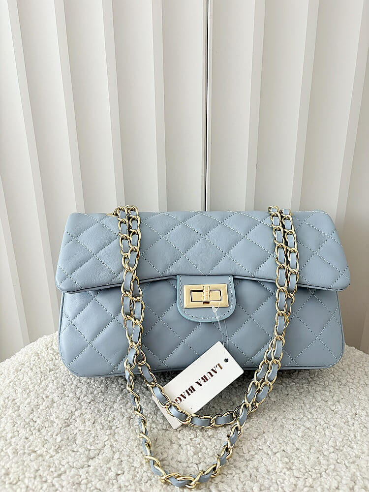 Borse in Pelle duża torebka listonoszka skórzana niebieska pikowana z łańcuszkiem