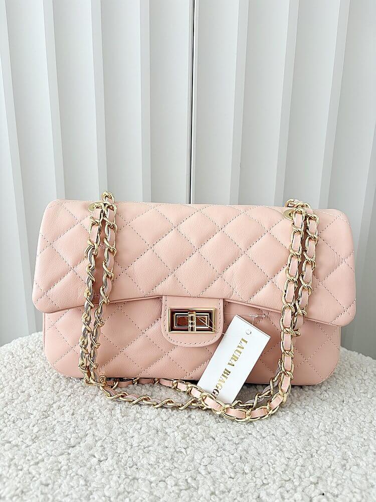 Borse in Pelle duża torebka listonoszka skórzana różowa pikowana z łańcuszkiem