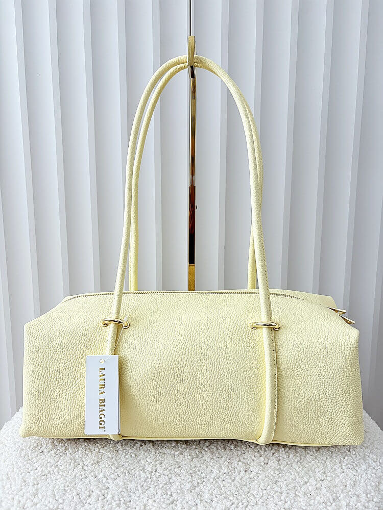 Laura Biaggi torebka kuferek na ramię skórzany żółty