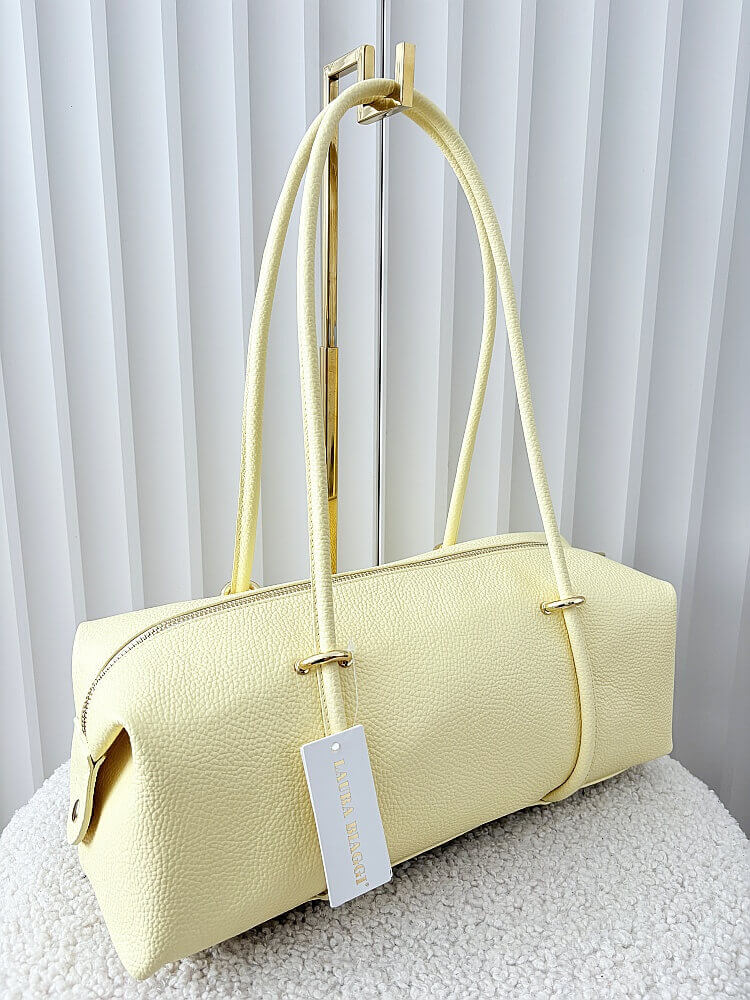 Laura Biaggi torebka kuferek na ramię skórzany żółty