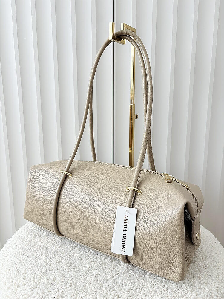 Laura Biaggi torebka kuferek na ramię skórzany taupe