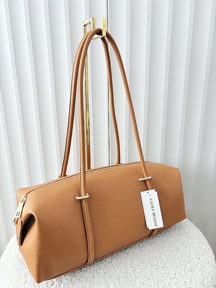 Laura Biaggi torebka kuferek na ramię skórzany camelowy