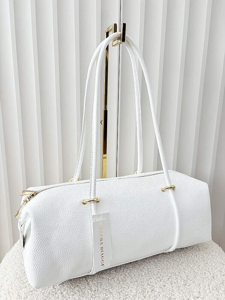 Laura Biaggi torebka kuferek na ramię skórzany biały