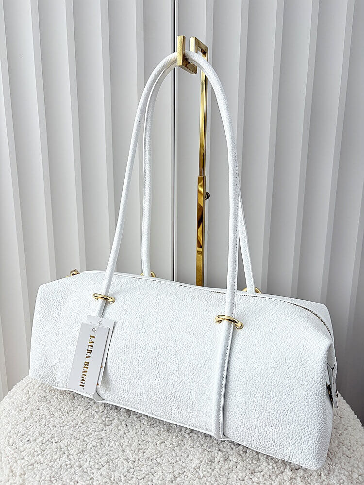 Laura Biaggi torebka kuferek na ramię skórzany biały