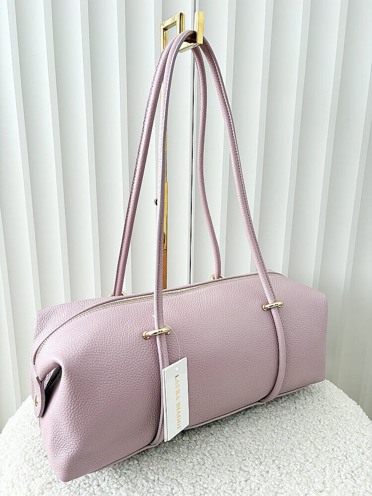 Laura Biaggi torebka kuferek na ramię skórzany brudny róż