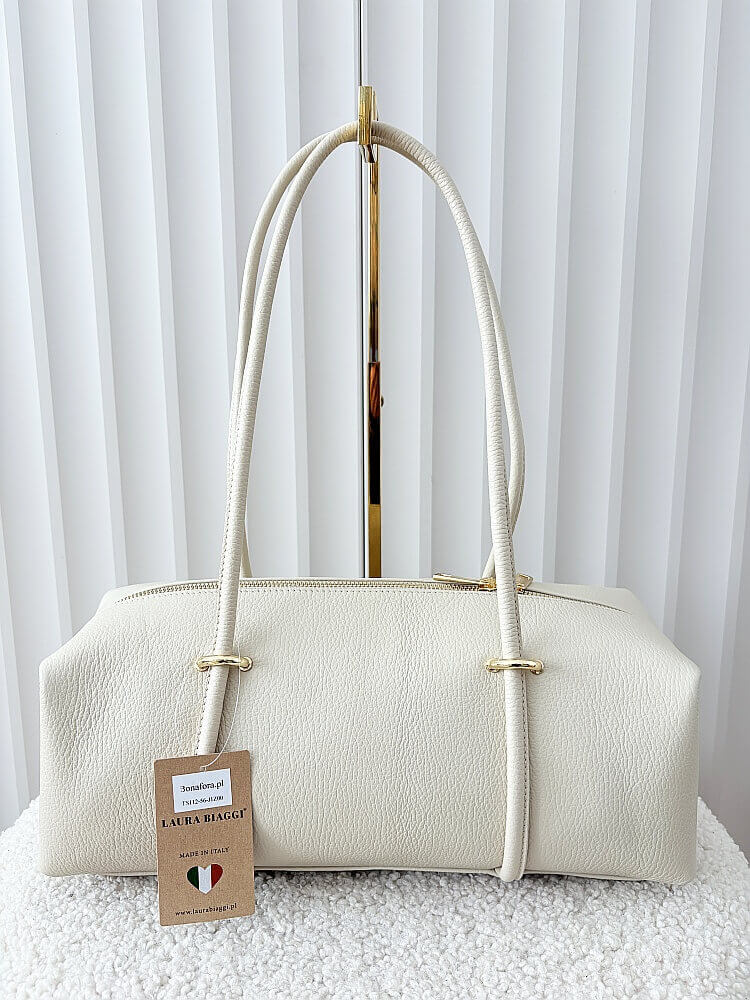 Laura Biaggi torebka kuferek na ramię skórzany beżowy