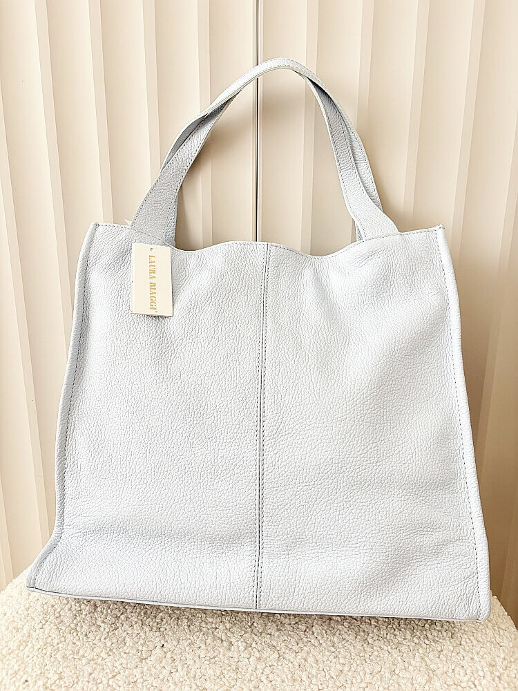 Laura Biaggi skórzana torba shopper niebieska z przeszyciem