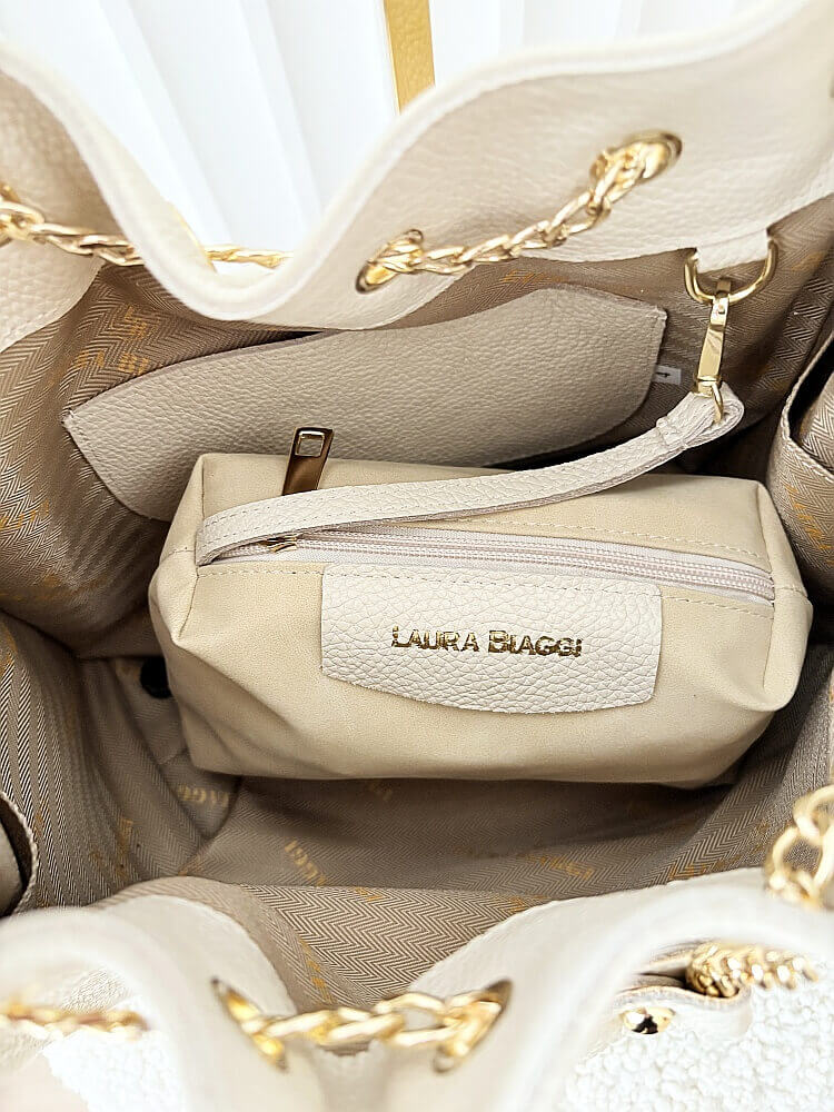 Laura Biaggi skórzana torba shopper na ramię jasnobeżowa z łańcuszkami 