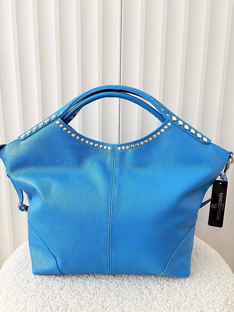 Massimo Contti torba shopper skórzana niebieska ćwieki