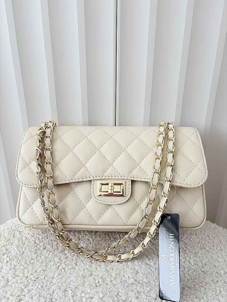 Massimo Contti duża torebka listonoszka skórzana beżowa pikowana z łańcuszkiem