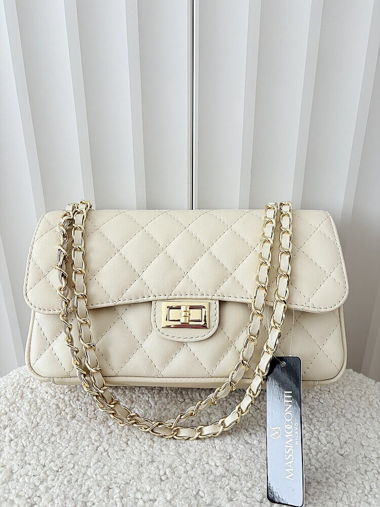 Massimo Contti duża torebka listonoszka skórzana beżowa pikowana z łańcuszkiem