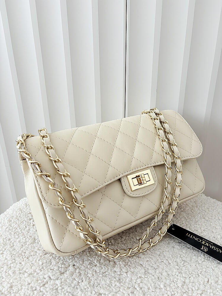 Massimo Contti duża torebka listonoszka skórzana beżowa pikowana z łańcuszkiem