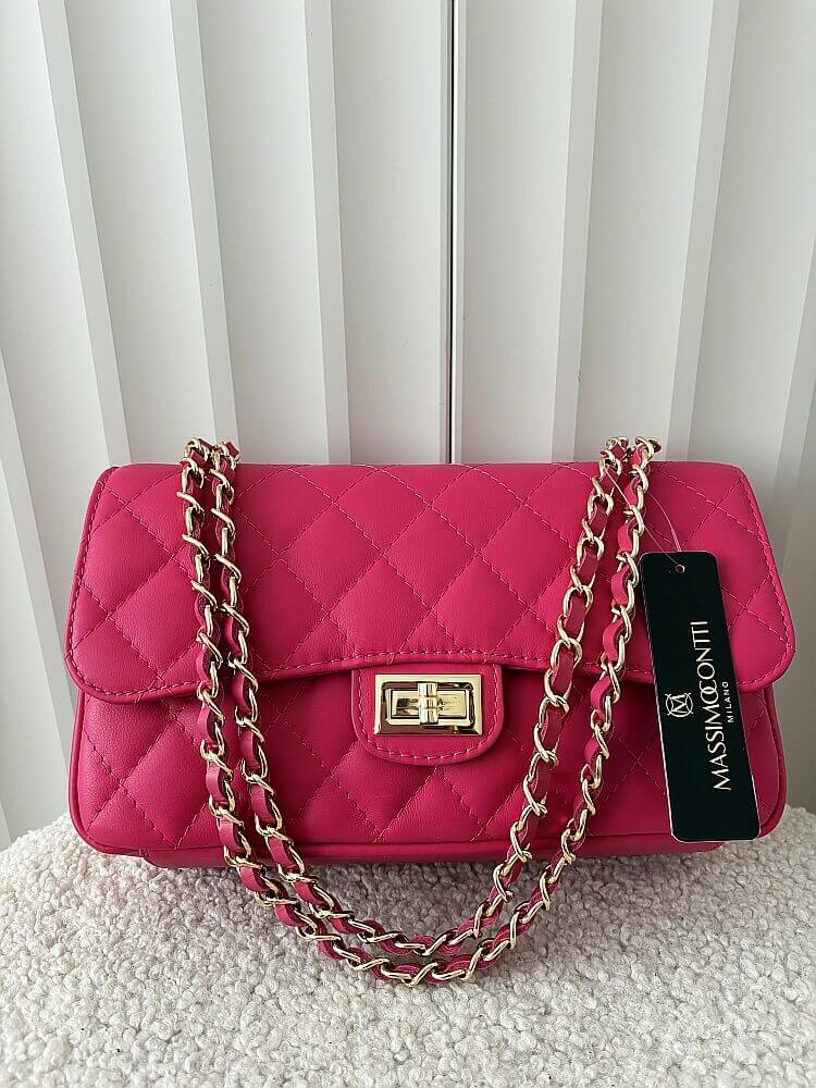 Massimo Contti duża torebka listonoszka skórzana fuksja pikowana z łańcuszkiem