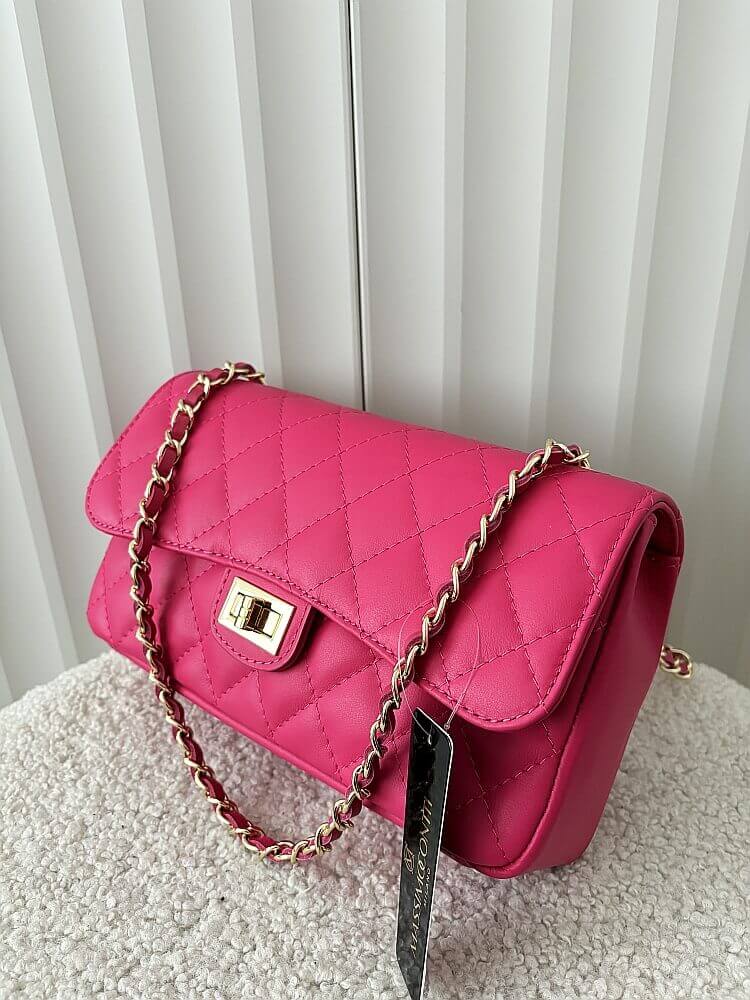 Massimo Contti duża torebka listonoszka skórzana fuksja pikowana z łańcuszkiem