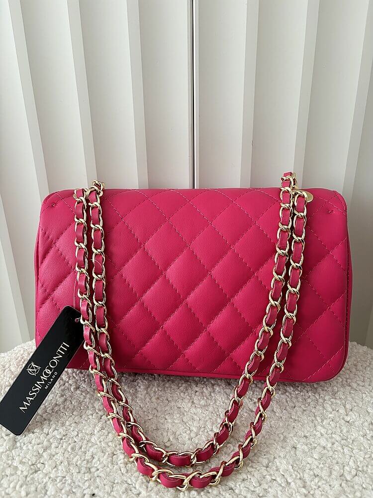 Massimo Contti duża torebka listonoszka skórzana fuksja pikowana z łańcuszkiem