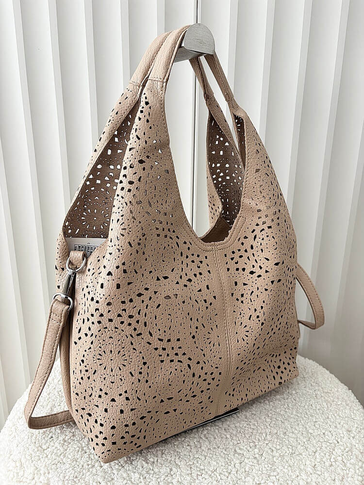 Maxfly torebka shopper na ramię i listonoszka 2w1 taupe ażurowa