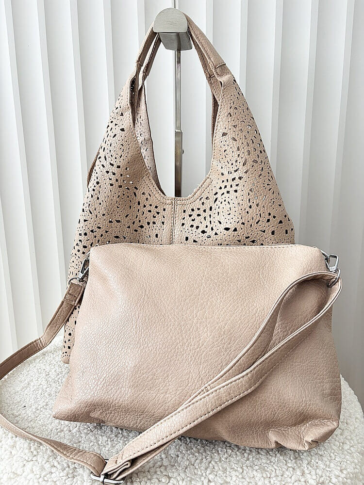 Maxfly torebka shopper na ramię i listonoszka 2w1 taupe ażurowa