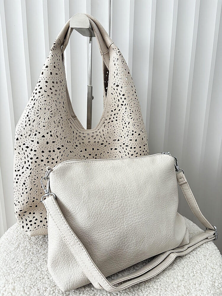 Maxfly torebka shopper na ramię i listonoszka 2w1 beżowa ażurowa