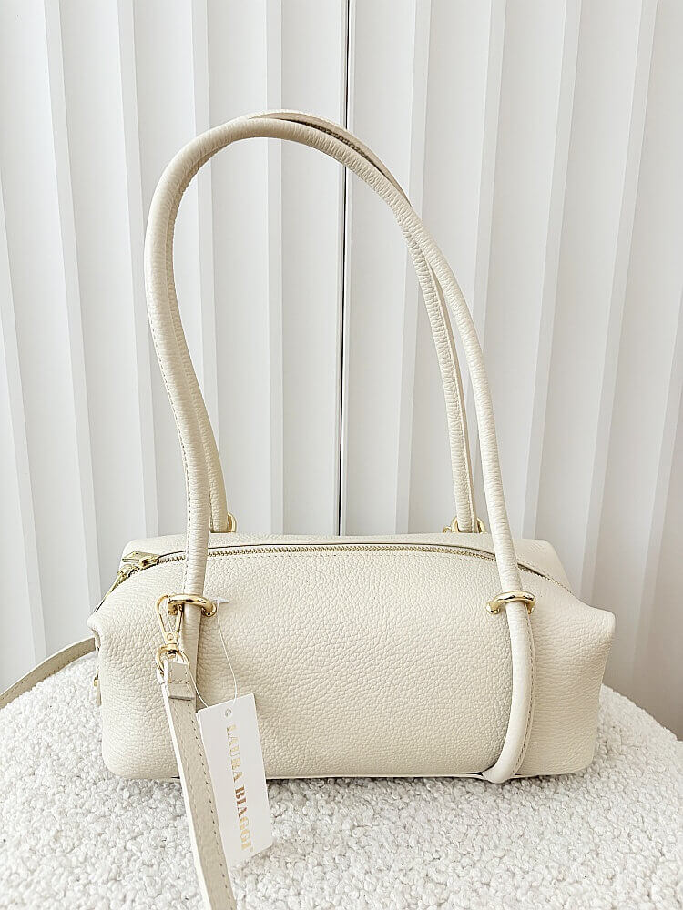 Laura Biaggi torebka kuferek na ramię skórzany jasnobeżowy