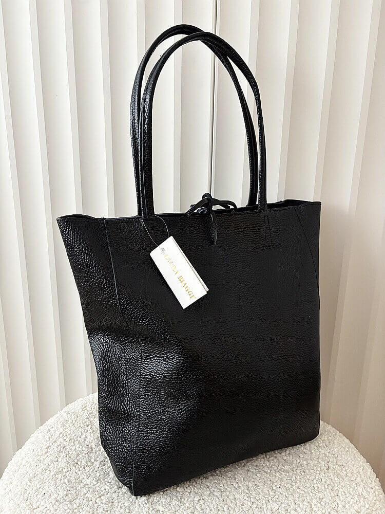 Laura Biaggi skórzana torba shopper czarna z wiązaniem