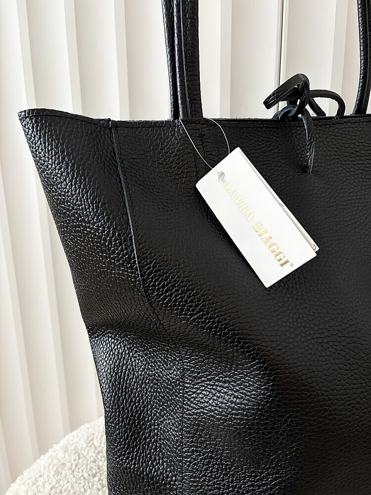 Laura Biaggi skórzana torba shopper czarna z wiązaniem