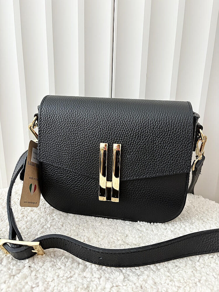 Laura Biaggi torebka listonoszka skórzana czarna z klapką