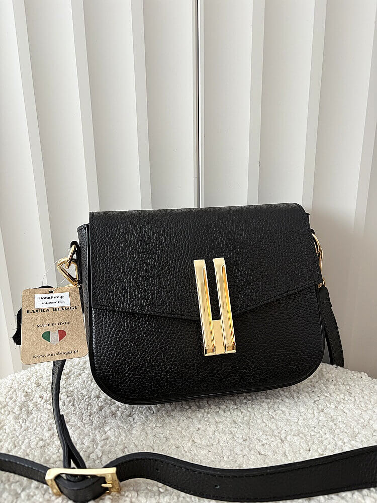 Laura Biaggi torebka listonoszka skórzana czarna z klapką