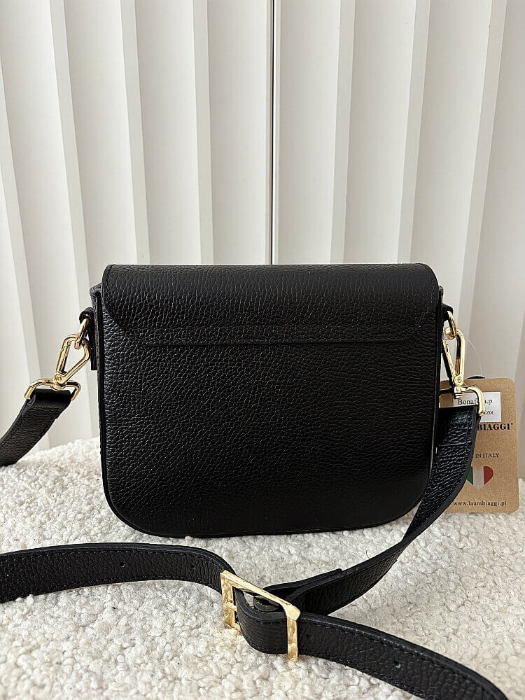 Laura Biaggi torebka listonoszka skórzana czarna z klapką