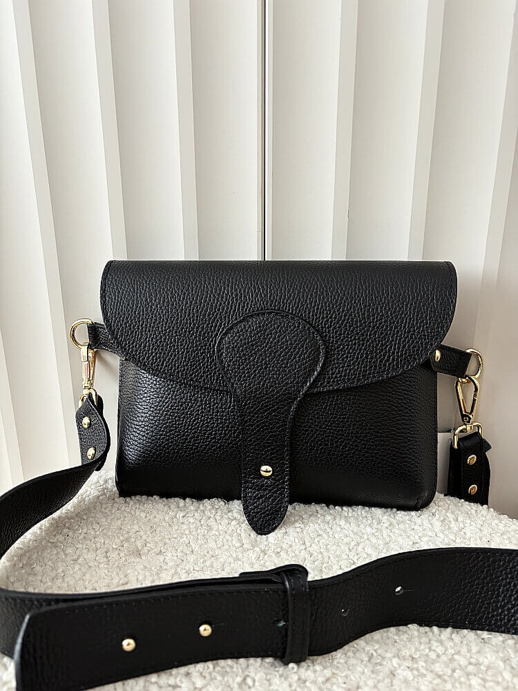 Laura Biaggi torebka listonoszka L skórzana czarna z klapką