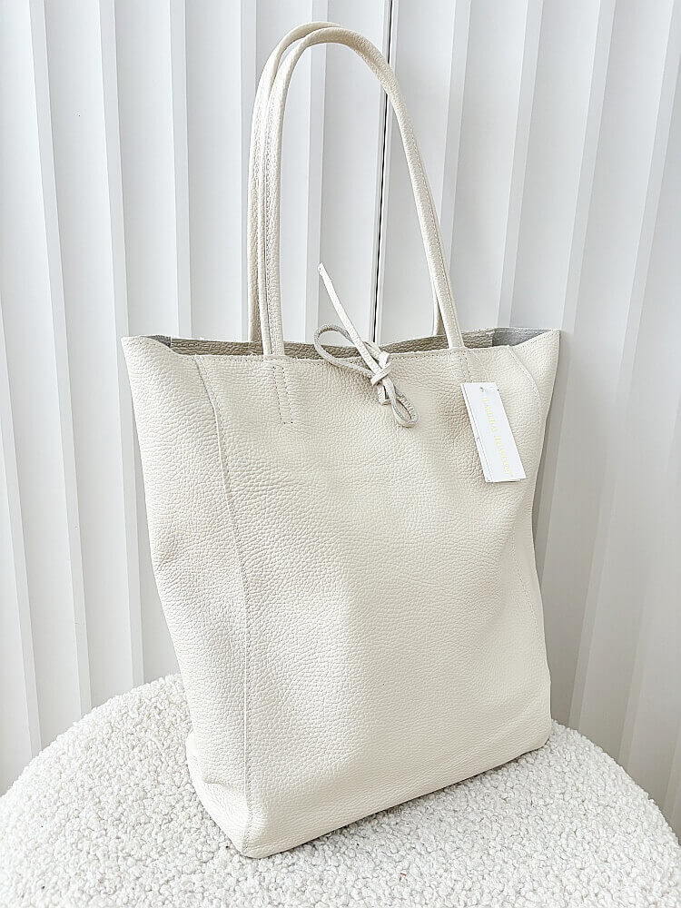 Laura Biaggi skórzana torba shopper jasnobeżowa z wiązaniem