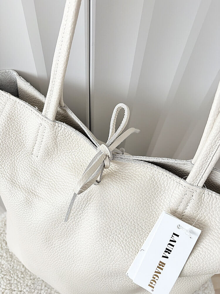 Laura Biaggi skórzana torba shopper jasnobeżowa z wiązaniem