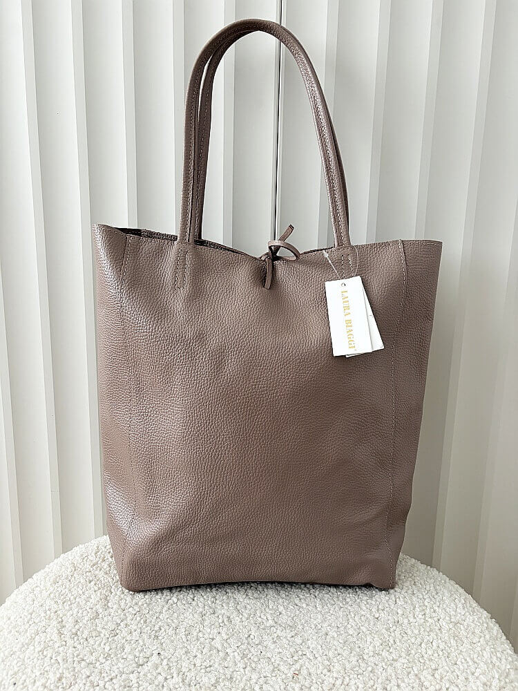 Laura Biaggi skórzana torba shopper taupe z wiązaniem