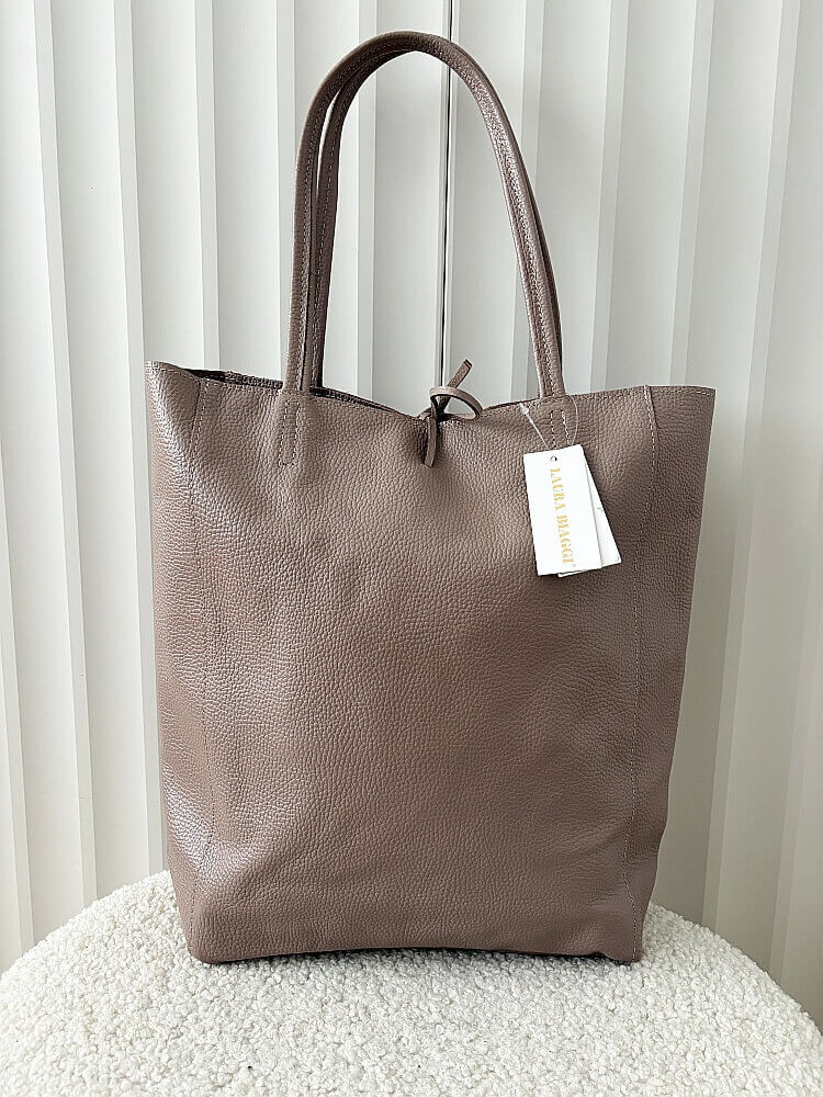 Laura Biaggi skórzana torba shopper taupe z wiązaniem